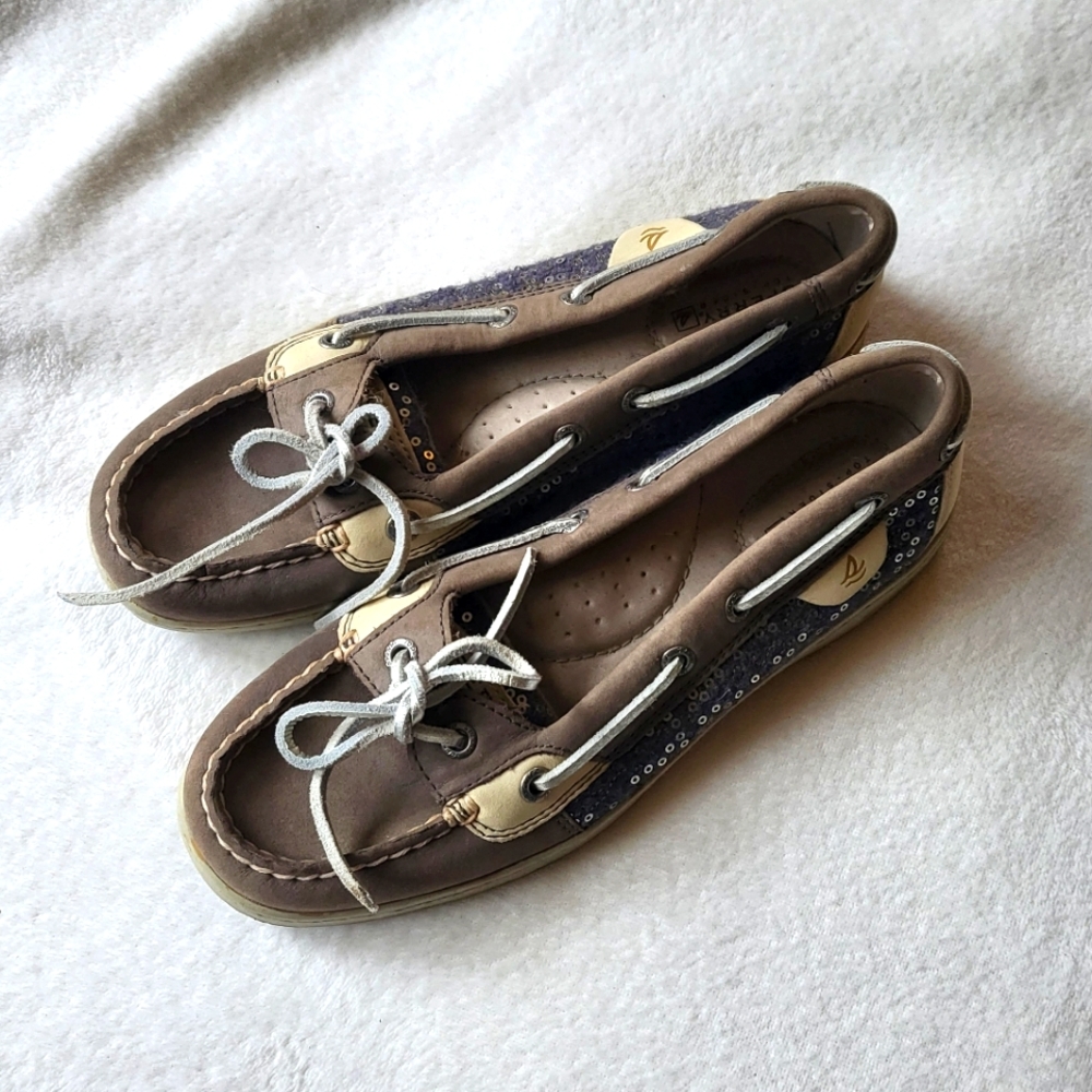 Sperry loafers leather taupe blue sequin women's size 7